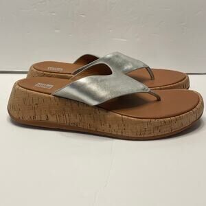 FitFlop F-Mode Toe Post Flip Flop Silver Size 7 Wedge Platform Sandals